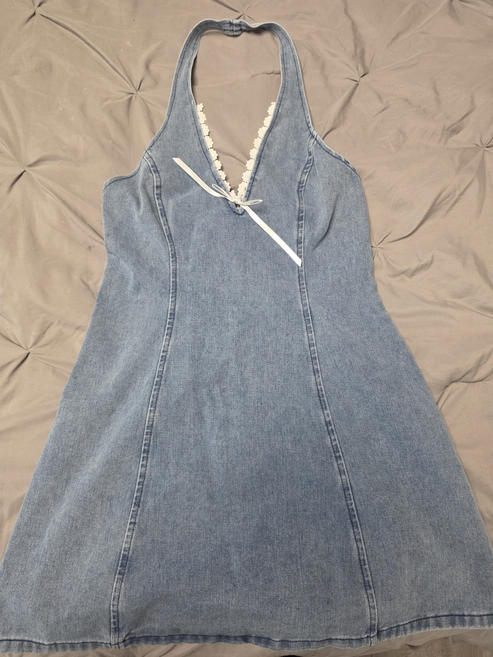 Girls' Light Blue Denim Halter Dress with Lace Trim